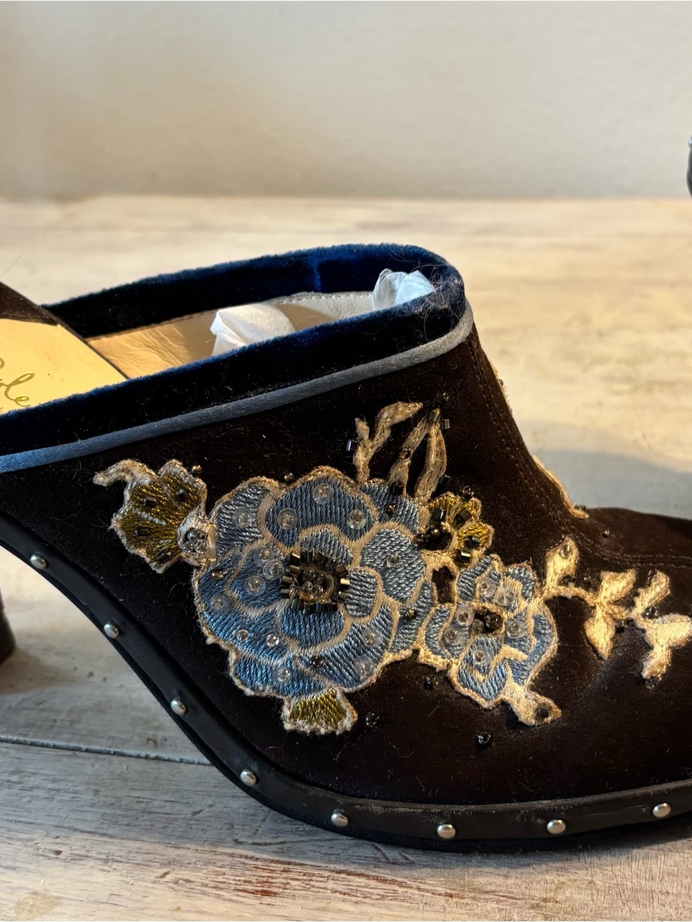 Cole Haan chocolate brown Velvet Mule with Blue and Gold Floral Embroidery